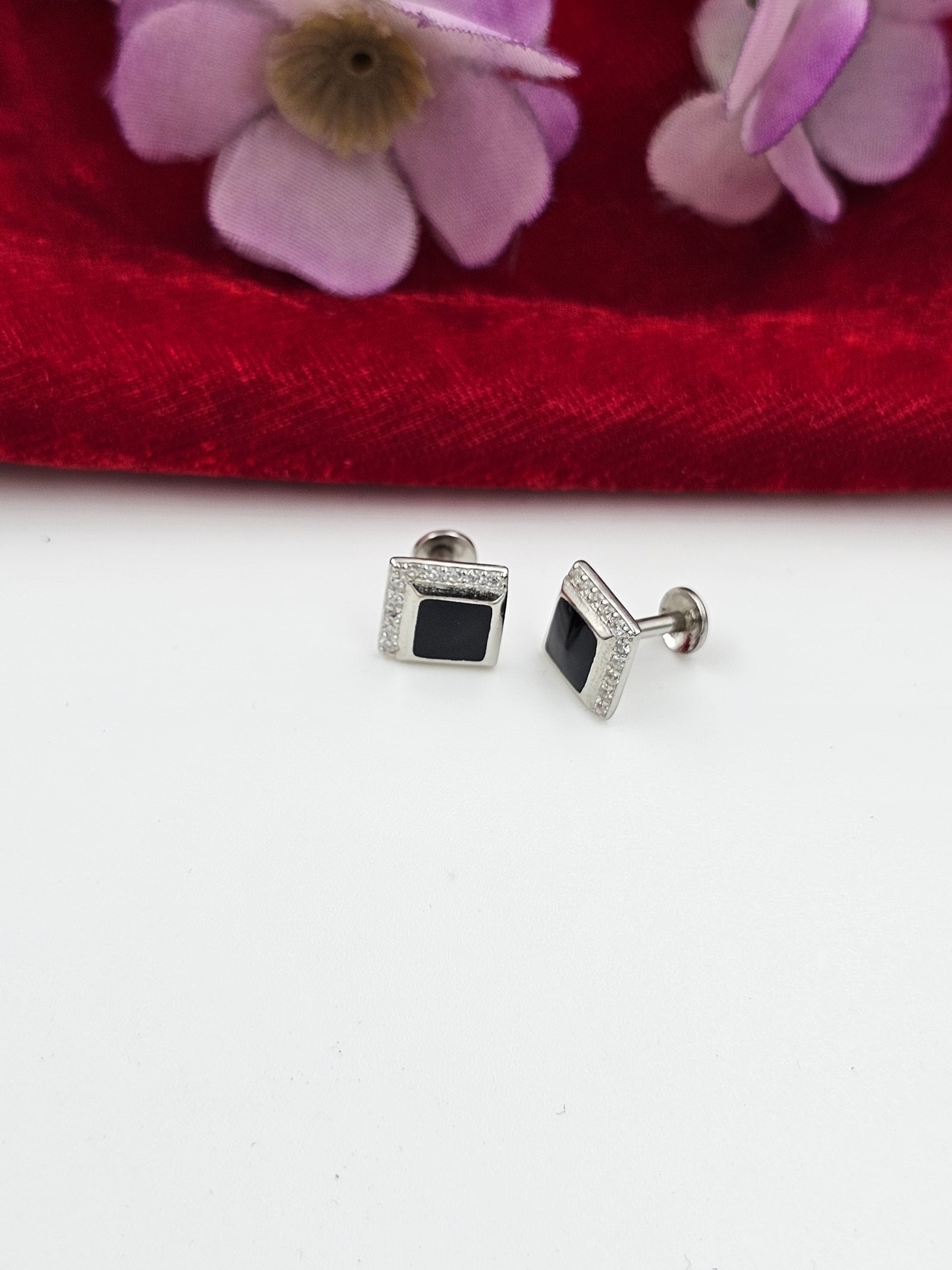 Black Enamel Mens Studs( 92.5 Silver)