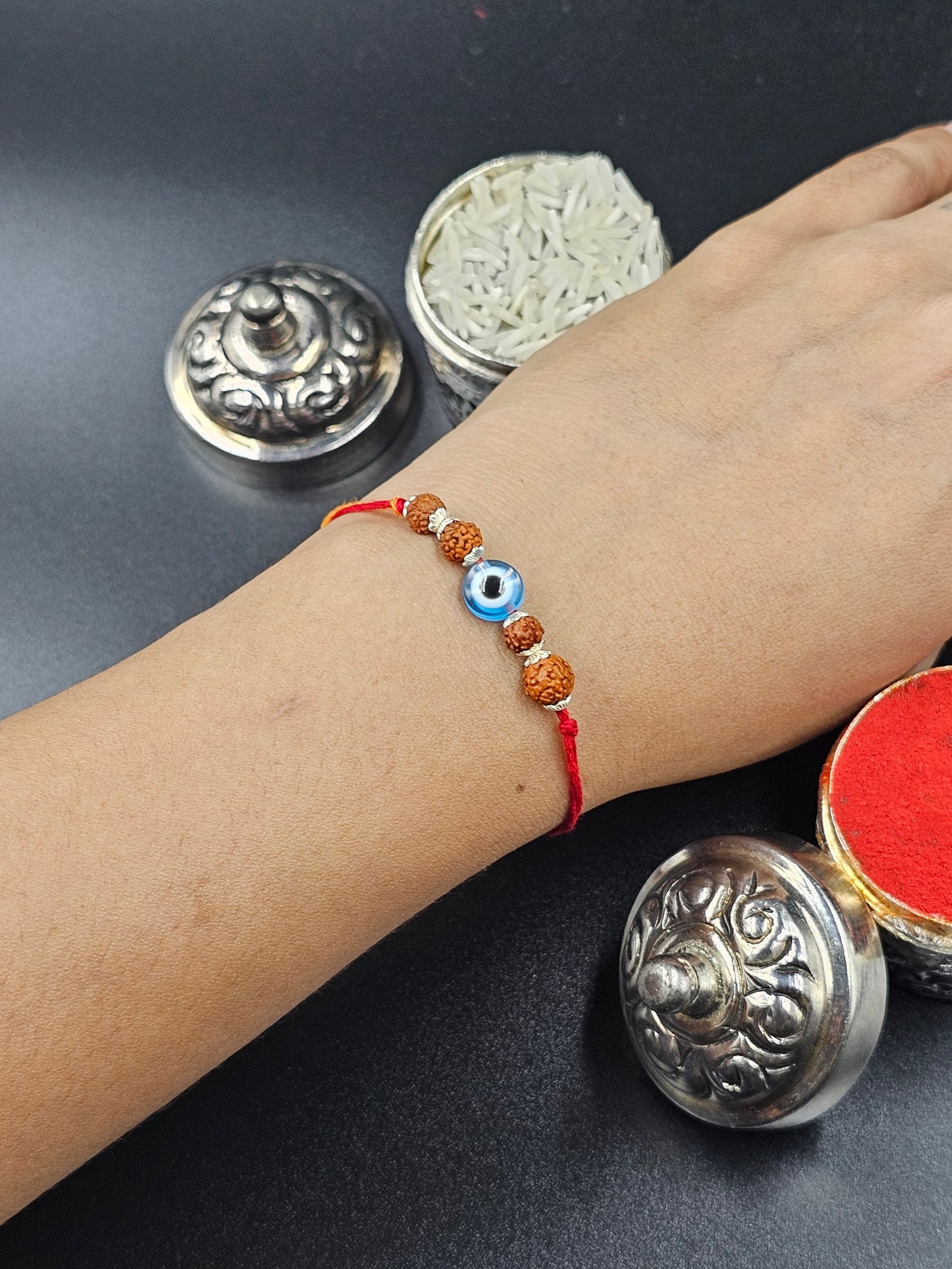 Silver Evileye protection with Rudrakash in Side - Rakhi