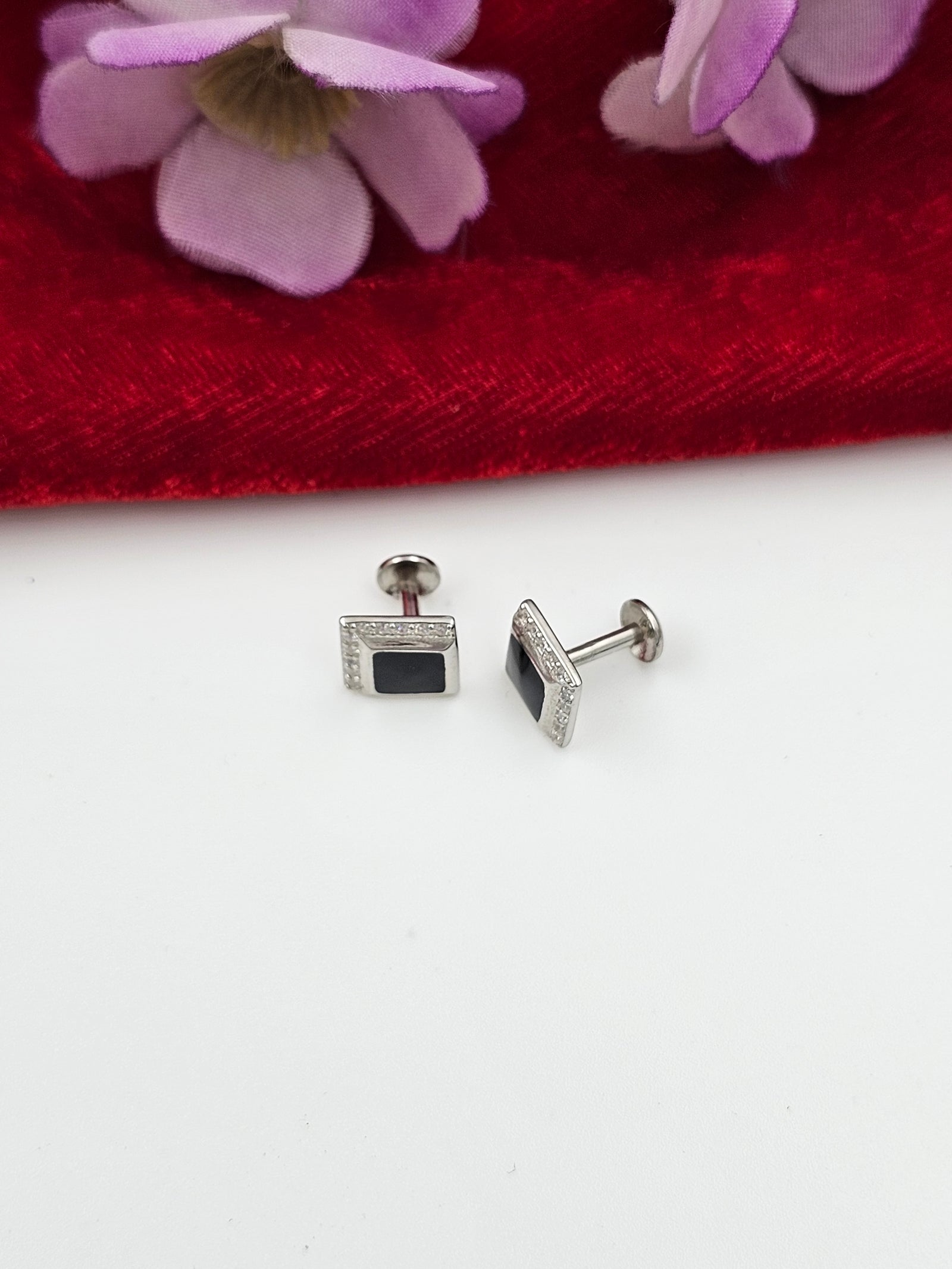 Black Enamel Mens Studs( 92.5 Silver)