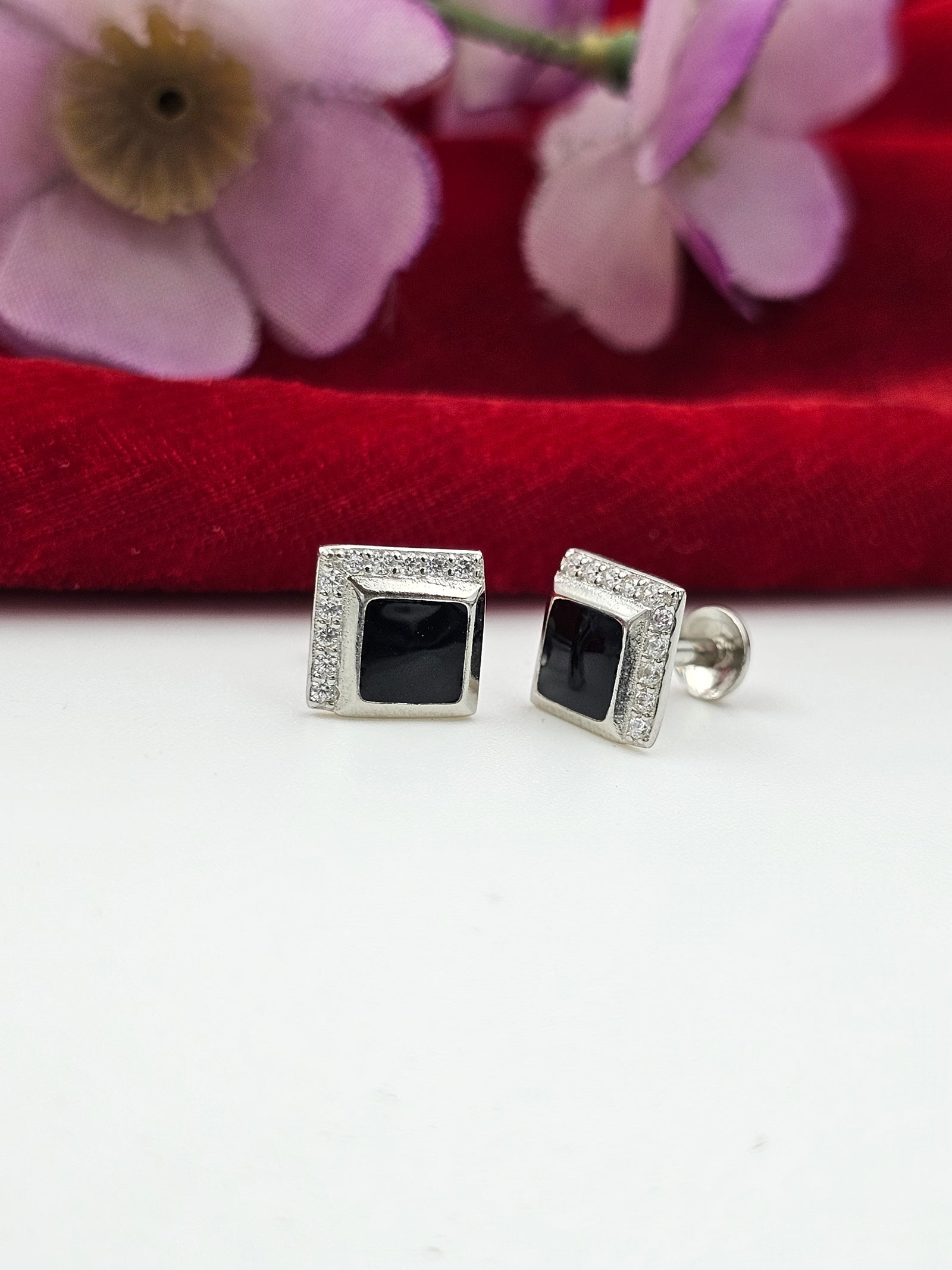 Black Enamel Mens Studs( 92.5 Silver)