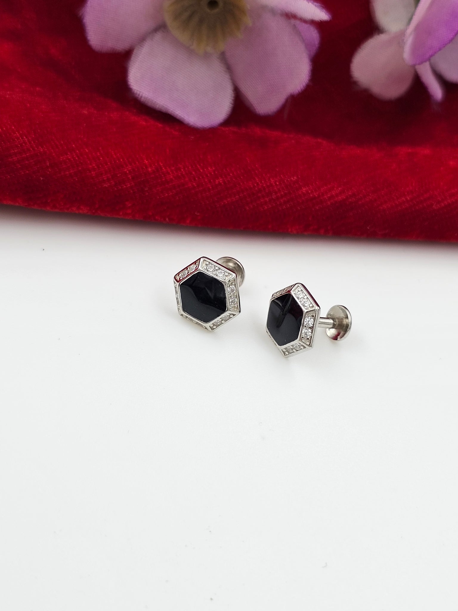 Black Enamel Mens Studs( 92.5 Silver)