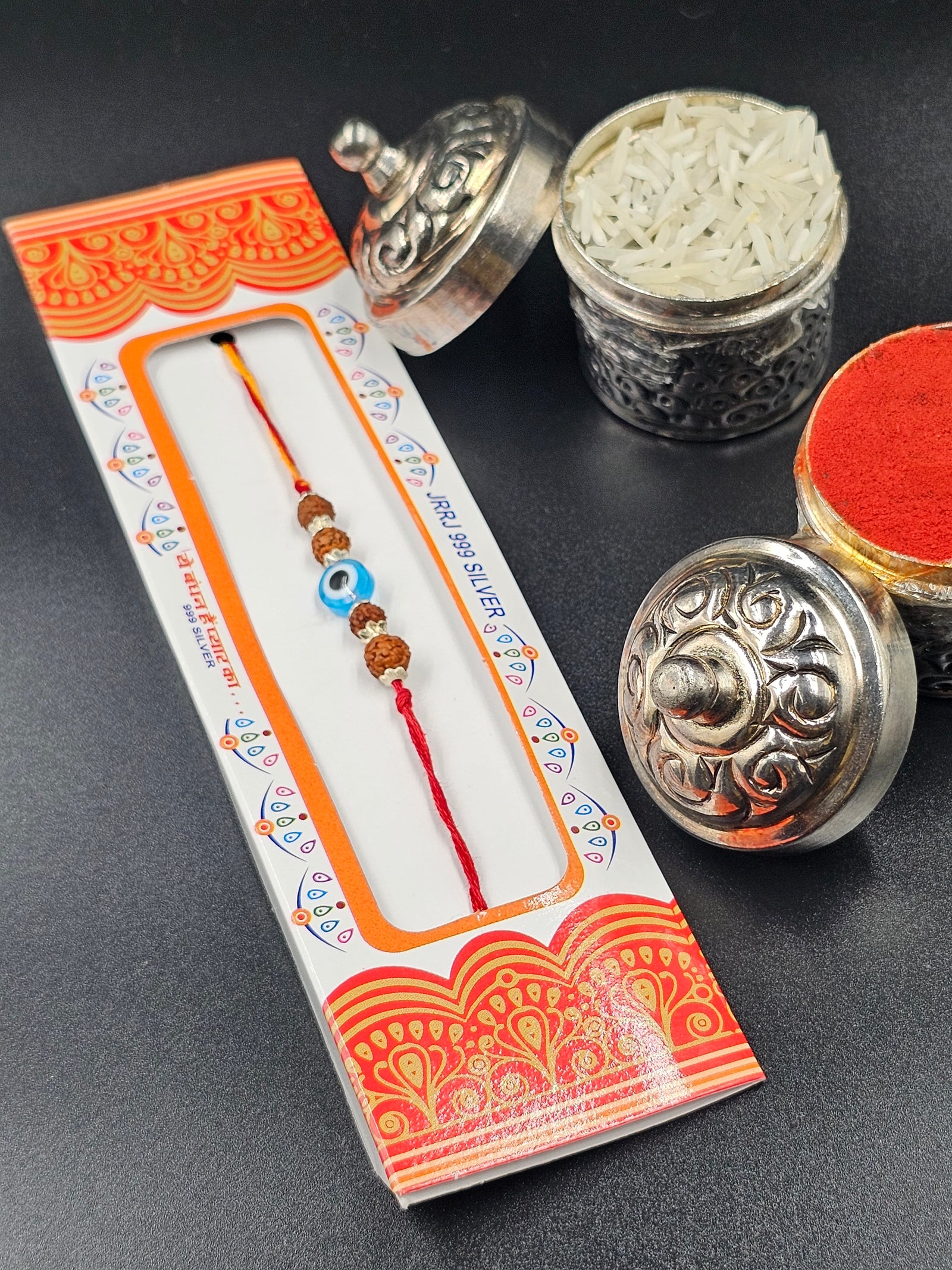 Silver Evileye protection with Rudrakash in Side - Rakhi