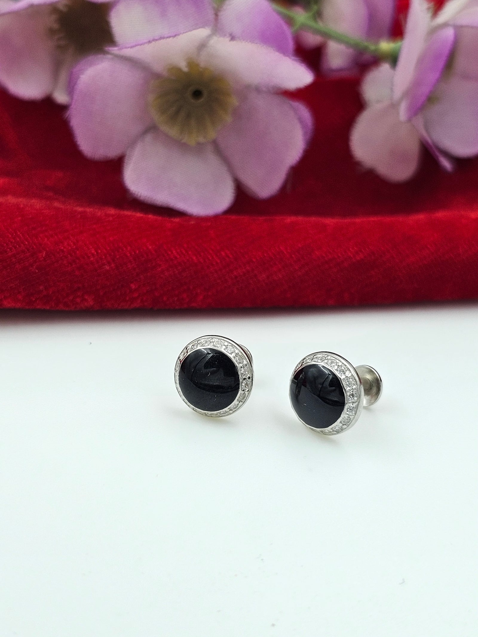 Black Enamel Mens Studs( 92.5 Silver)